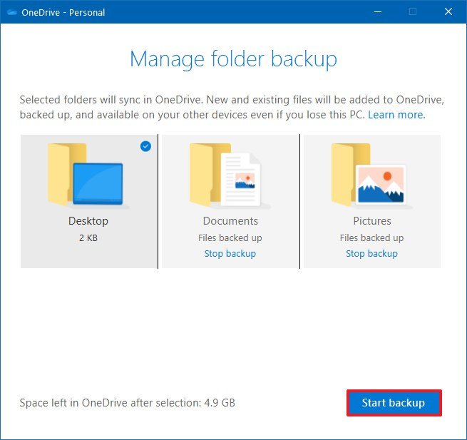 OneDrive manage folder backup option