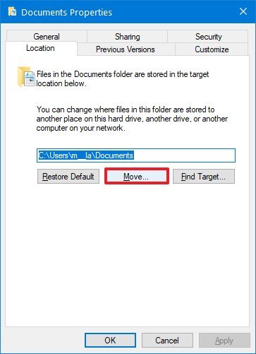 Windows 10 folder location move option