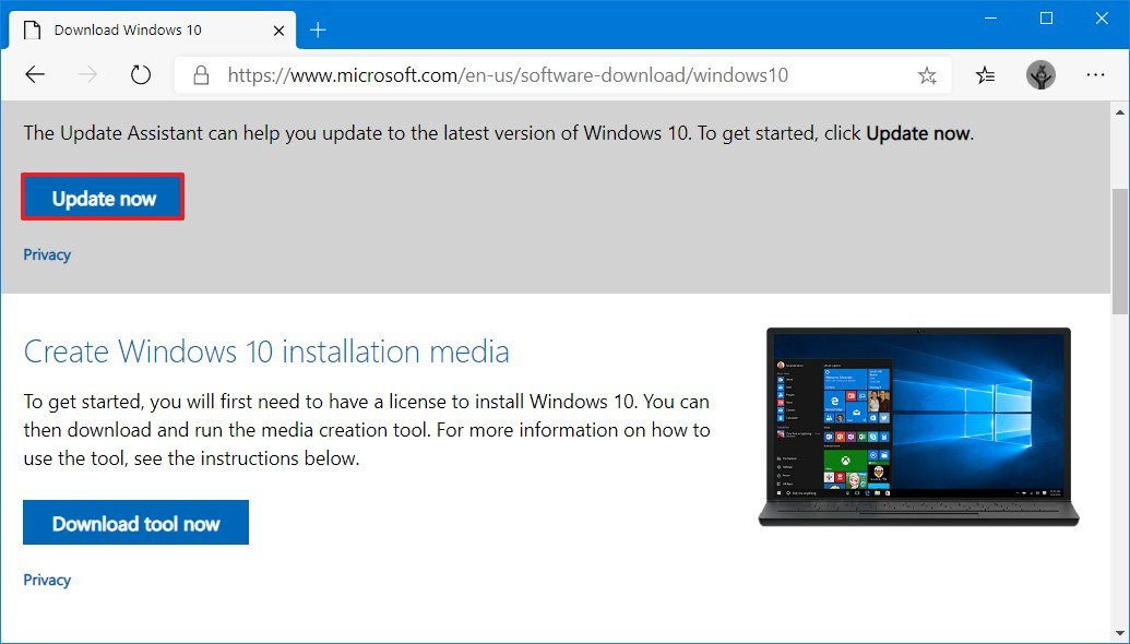 Windows 1 Update Assistant download option