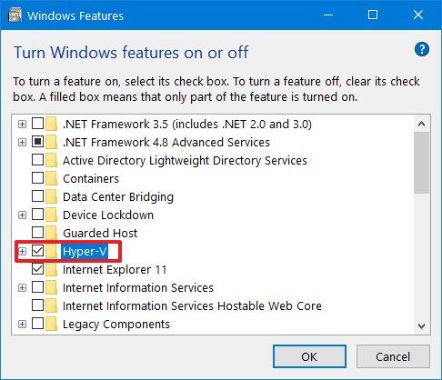 Windows 10 activates the Hyper-V option
