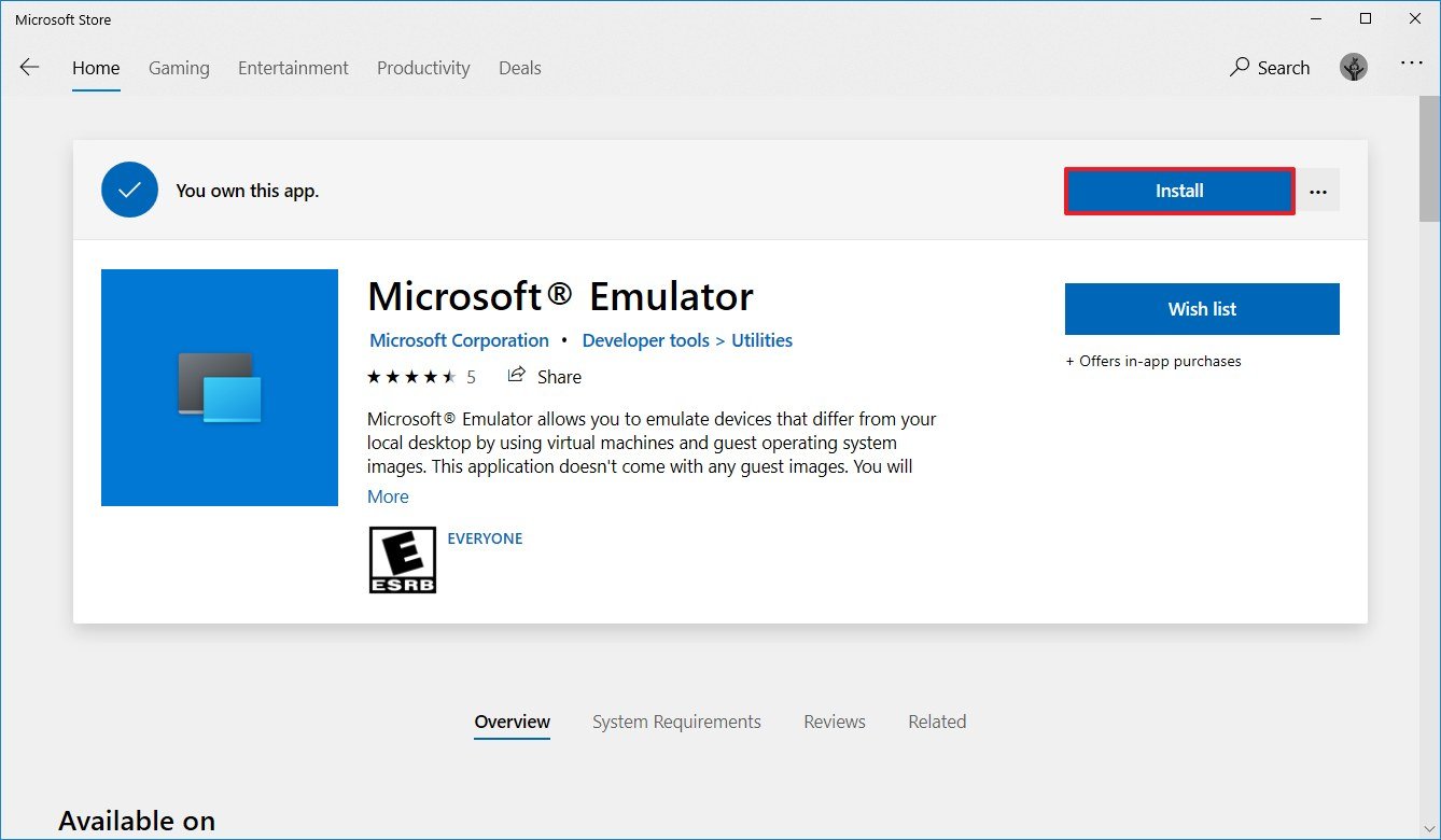 Microsoft Emulator app install