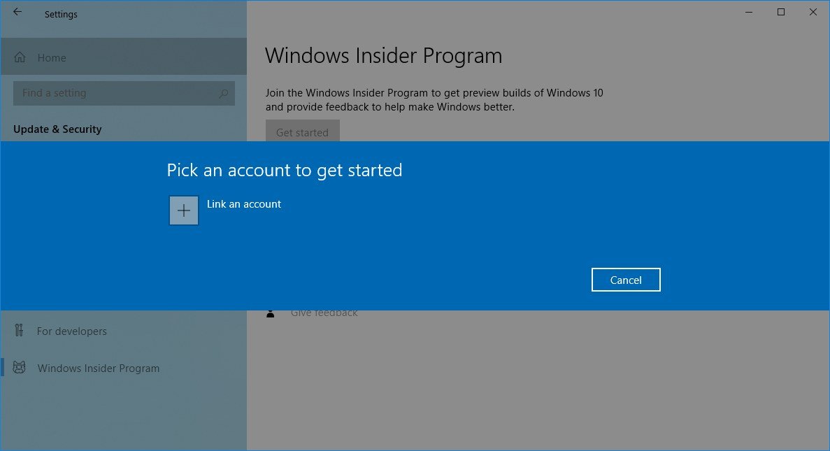 Select the Microsoft Windows Insider Program account