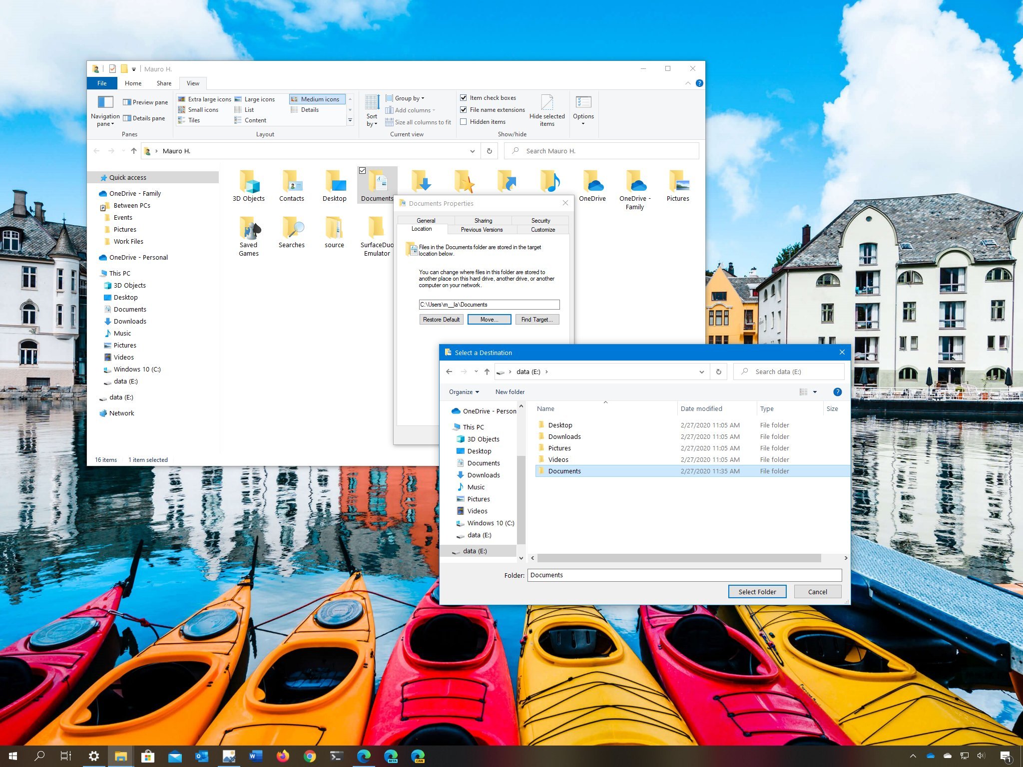 Windows 10 move user default folders new location