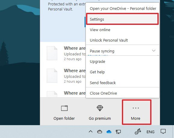 OneDrive settings menu