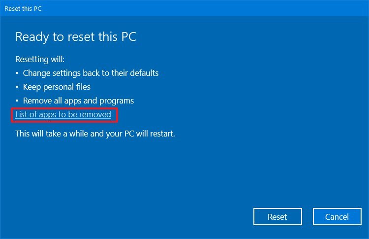 Windows 10 Reset this PC list of apps to be removed option