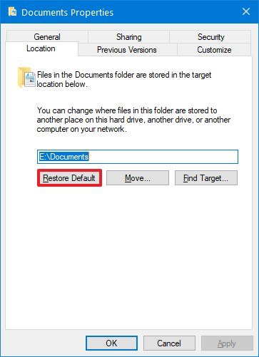 Windows 10 restore default folder location