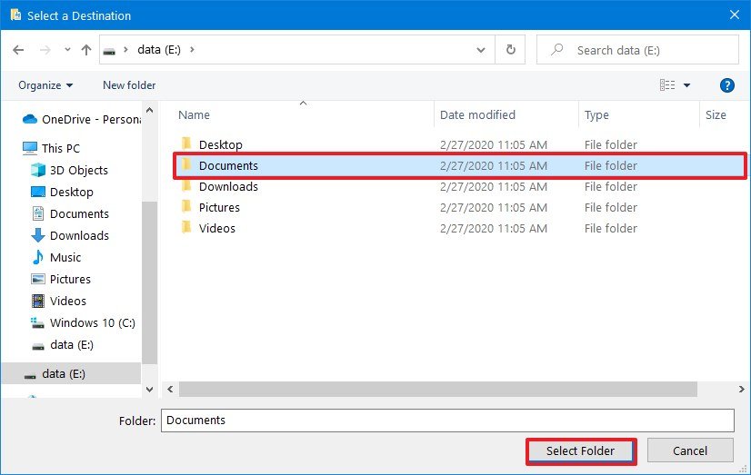 Windows 10 select new location for user folder