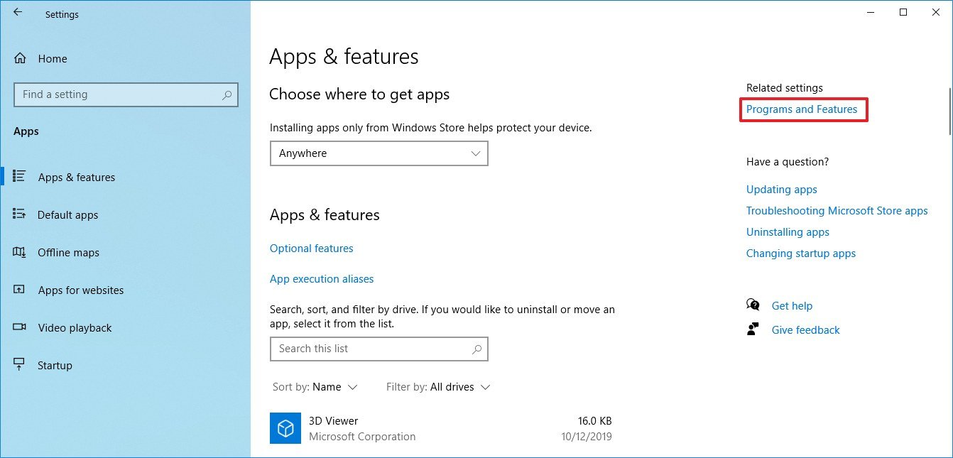 Windows 10 Settings Programs and Features Option
