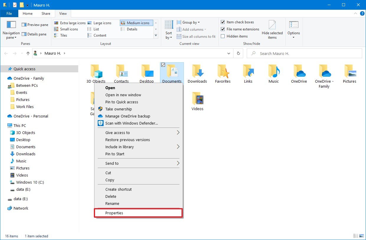 Windows 10 user folder context menu