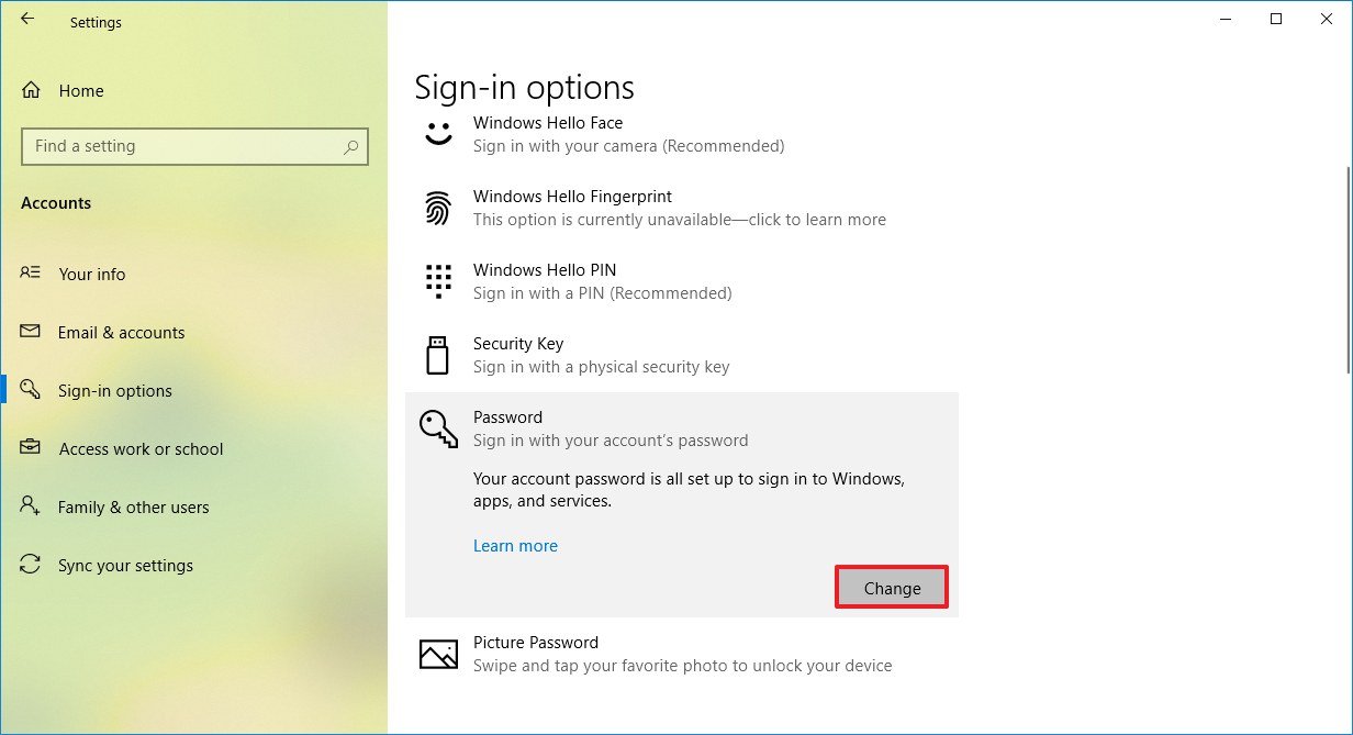 Windows 10 sign-in options change password option
