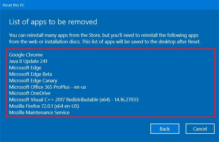 Windows 10 factory settings apps to be removed list