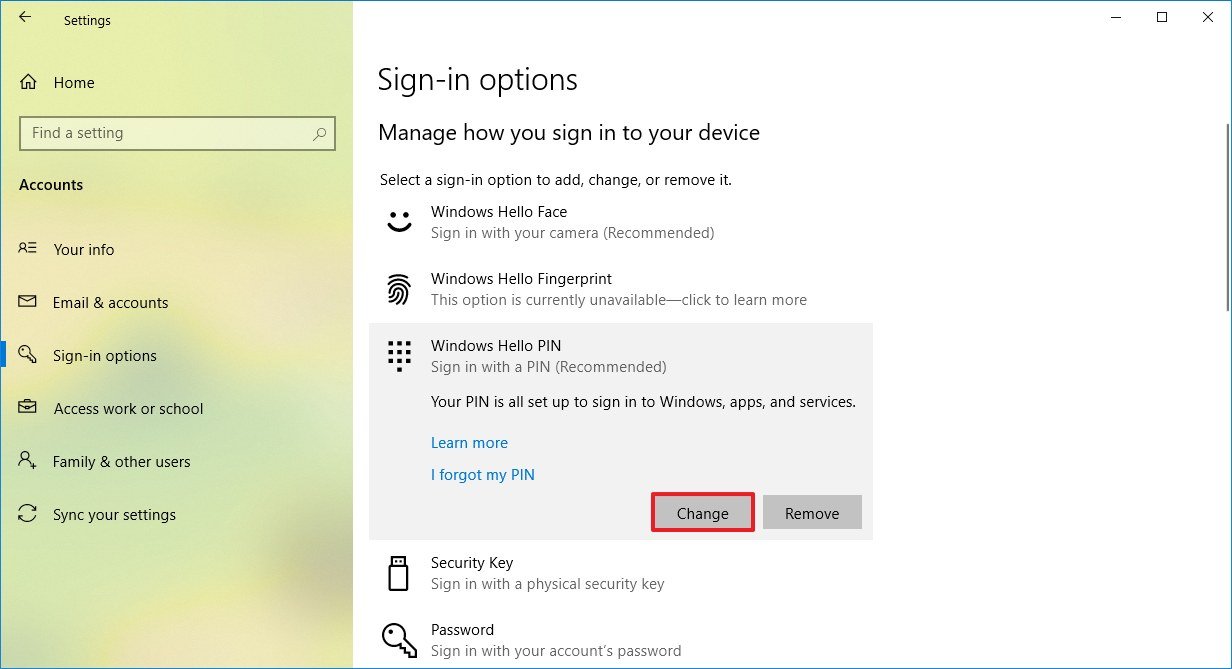 Windows 10 change PIN option