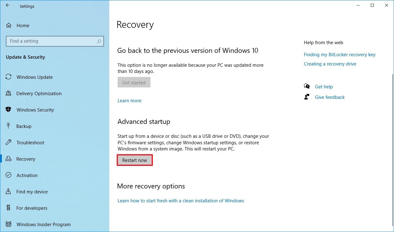 Inicialização avançada das configurações de recuperação do Windows 10