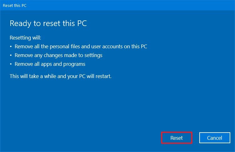 Windows 10 reset factory settings option