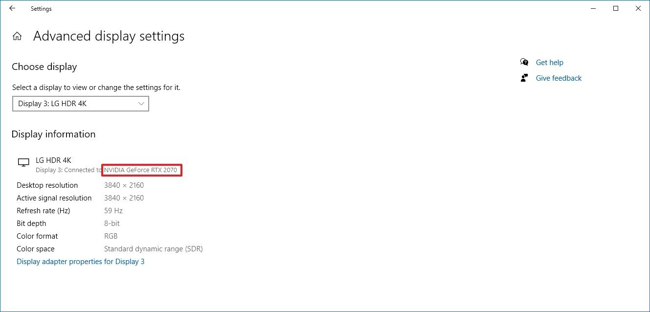 Windows 10 Settings GPU information