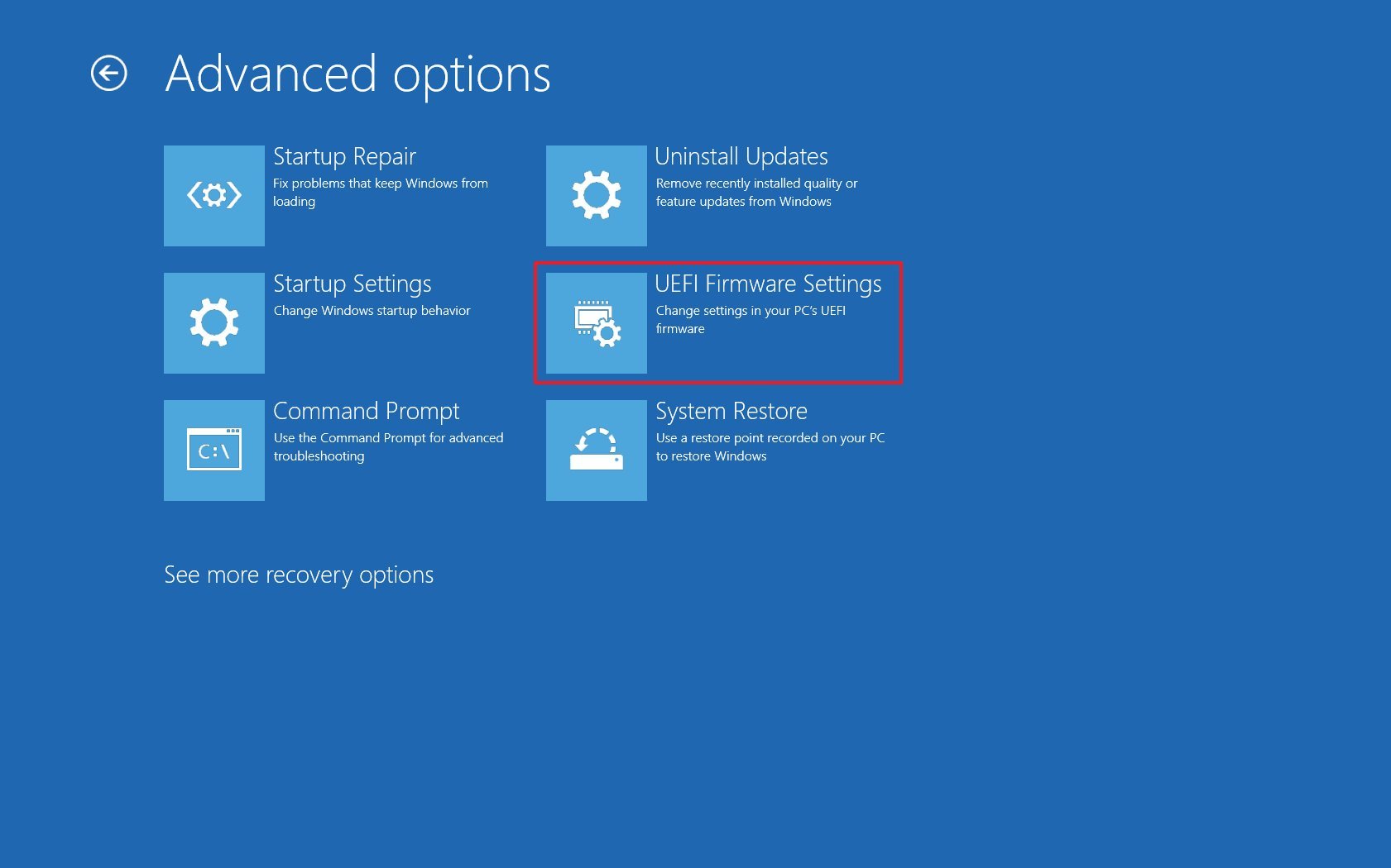 Opção de configurações de firmware UEFI do Windows 10 
