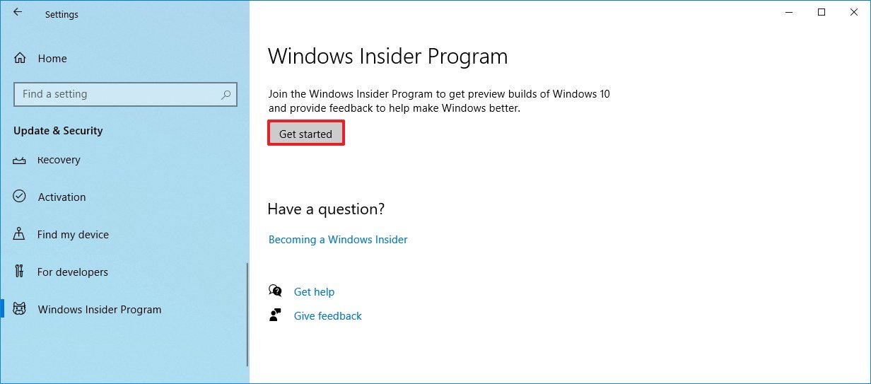 Windows Insider Program get started option