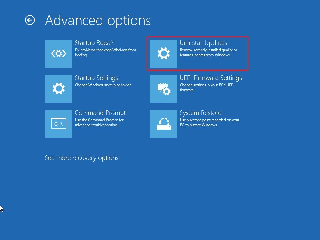 Windows 10 Kehittyneen käynnistyksen asennuksen päivitysten poistamisvaihtoehto