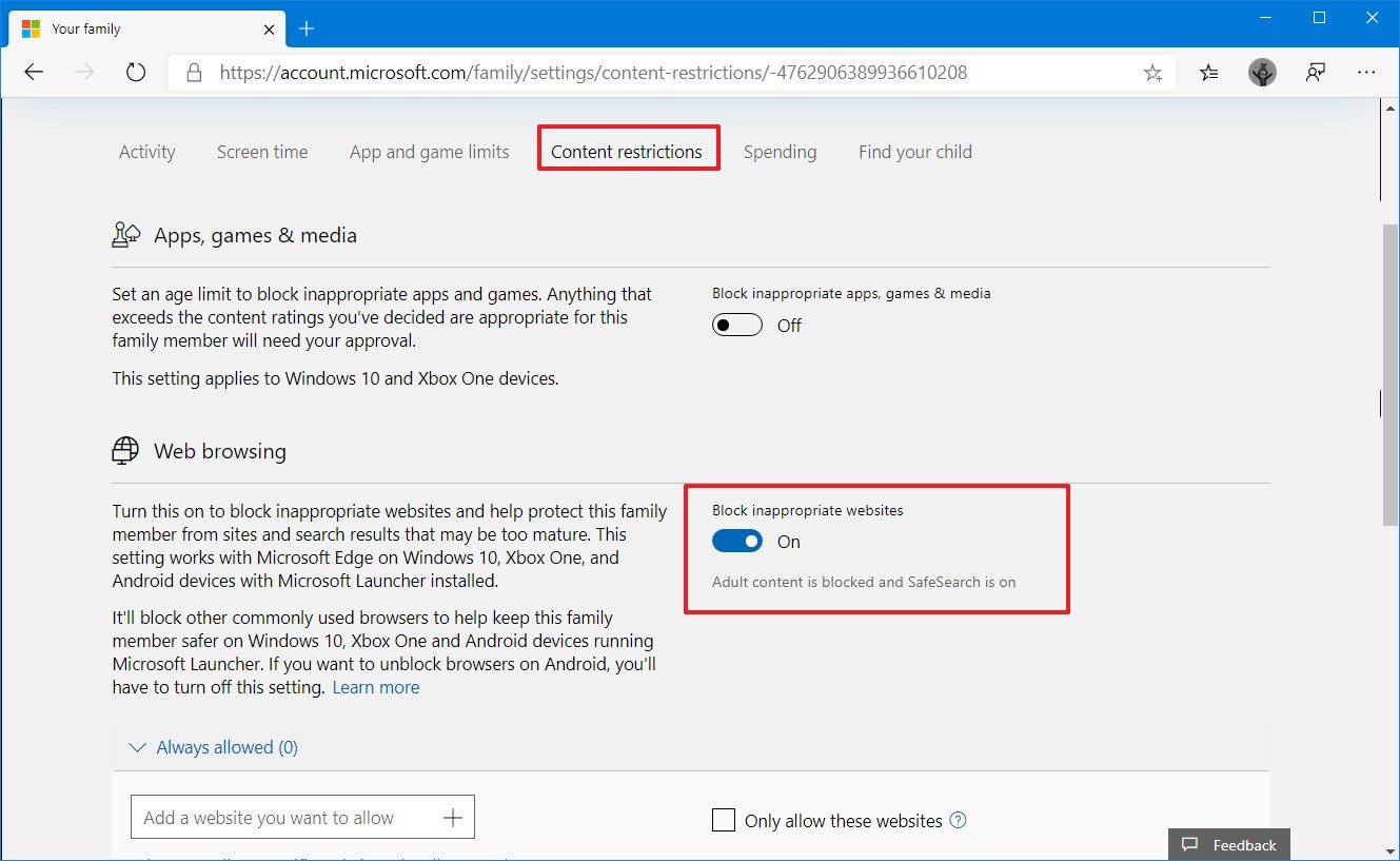 Microsoft account web browsing settings