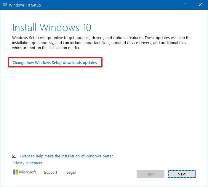 Windows 10 Setup download updates option