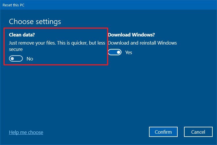 Windows 10 Reset this PC clean drive option