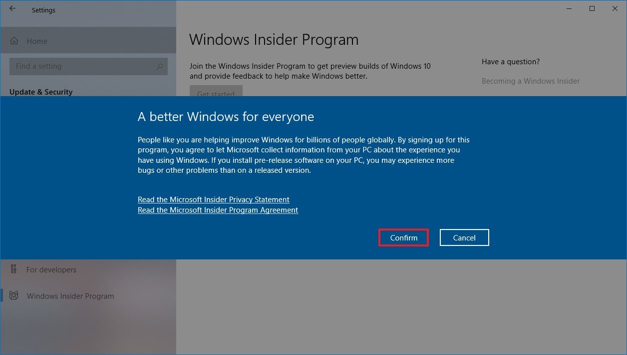 Confirm Windows 10 May 2020 Update preview enrollment