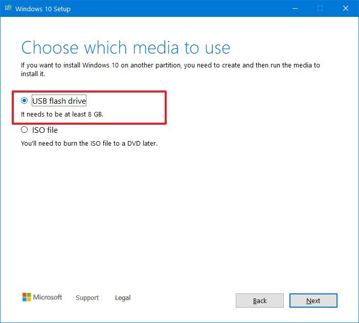 Media Creation Tool USB media option