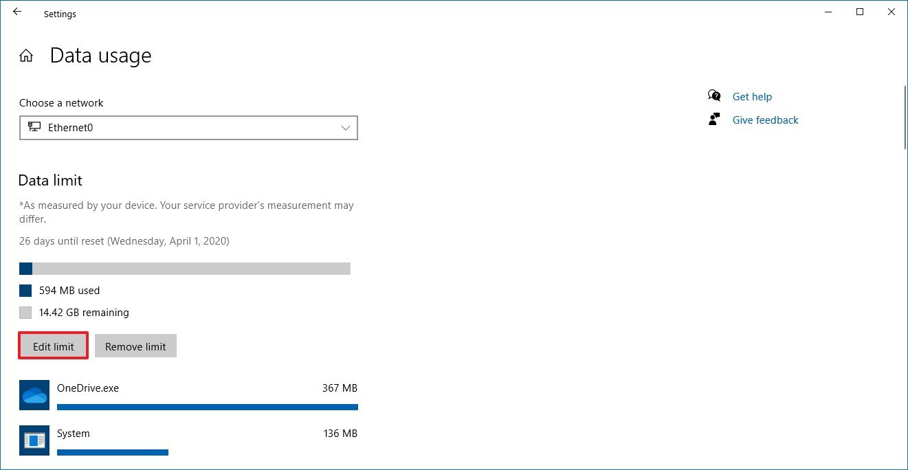 Windows 10 data usage edit limit