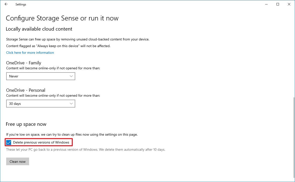 Windows 10 delete previous version option