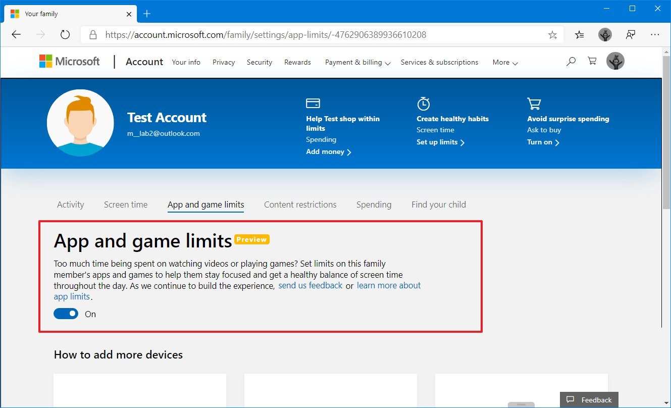 Microsoft account enable app and game limit