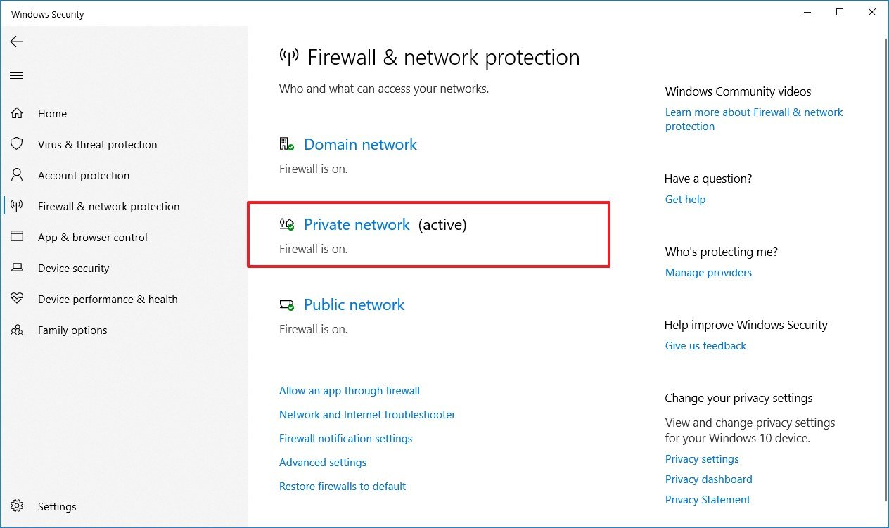 Windows Impostazioni del firewall di sicurezza