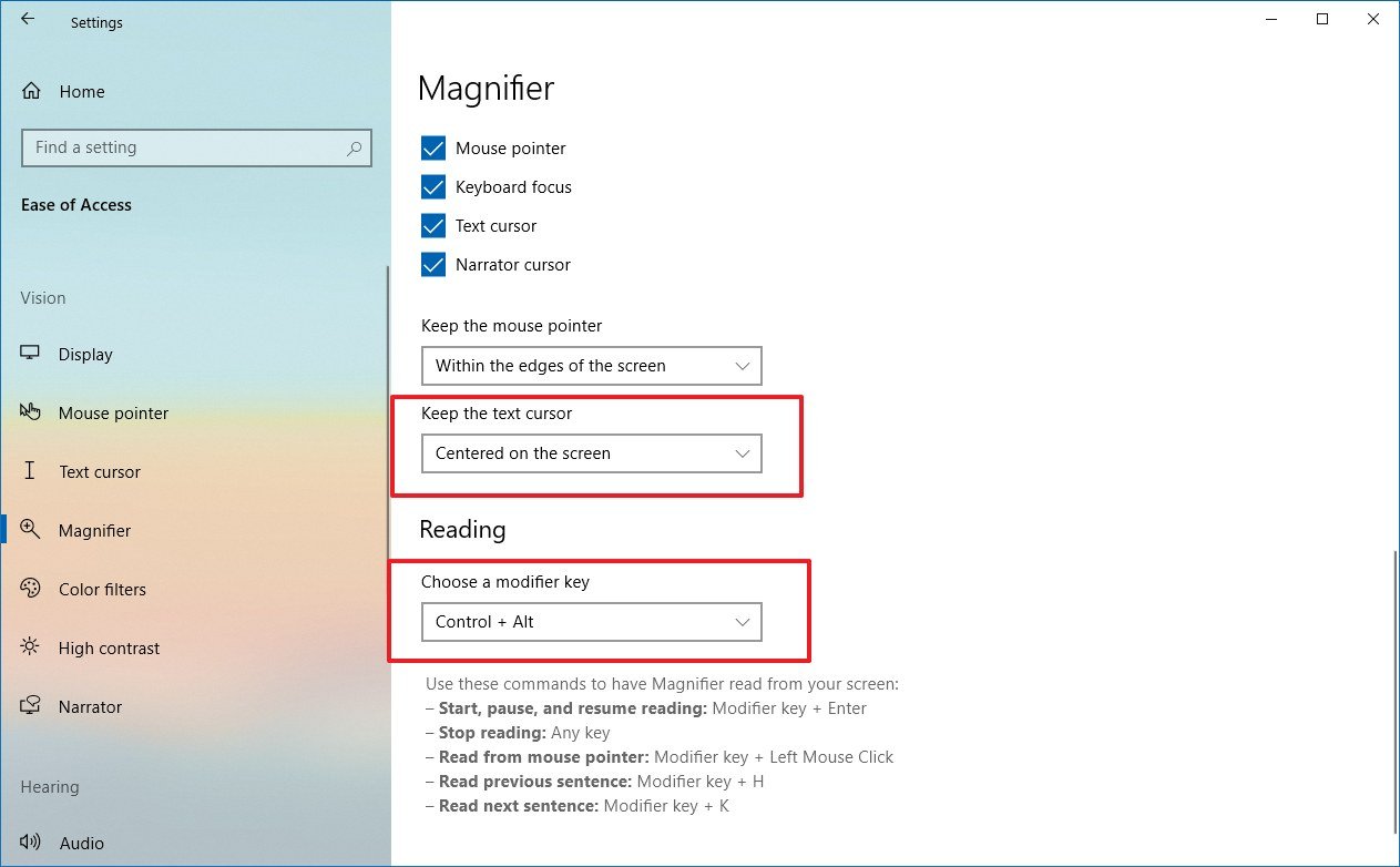 Windows 10 Magnifier settings on spring 2020 update