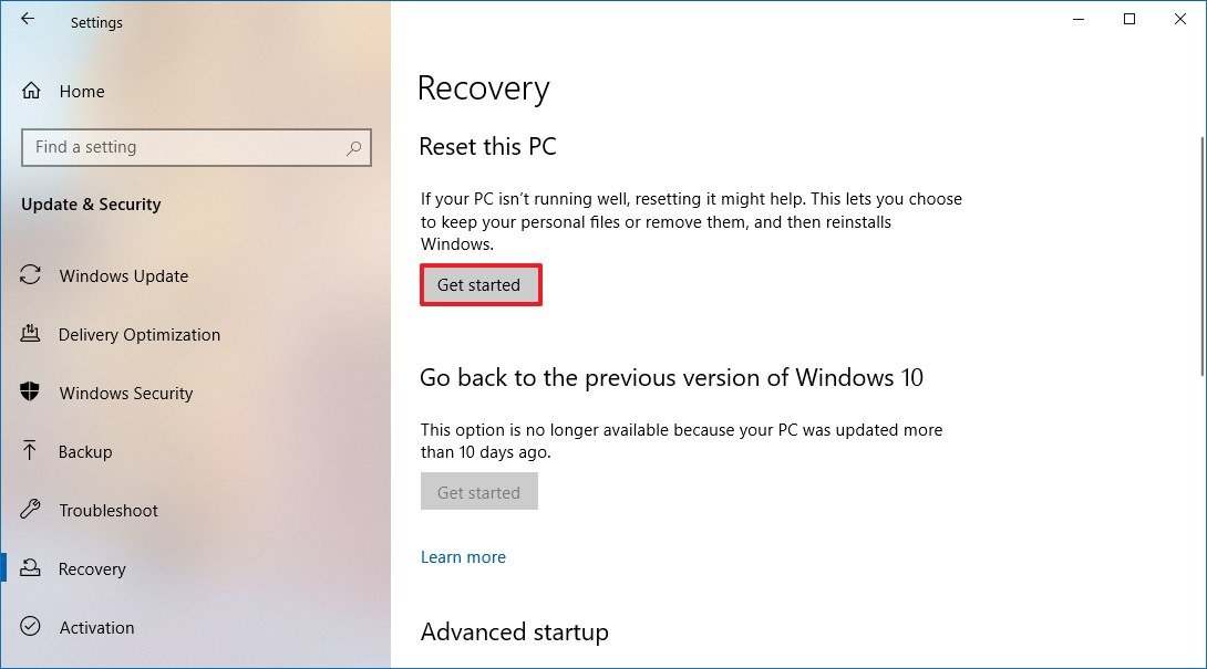 Windows 10 Recovery settings