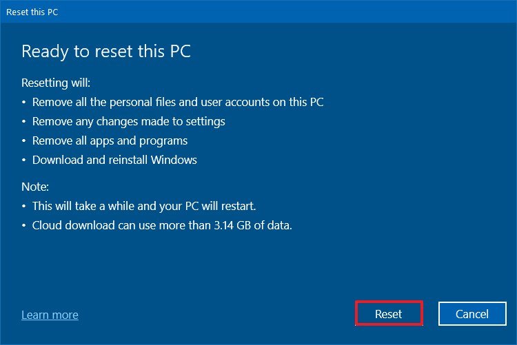 Windows 10 reset removing everything option