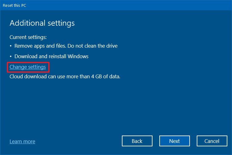 Rest this PC change settings option
