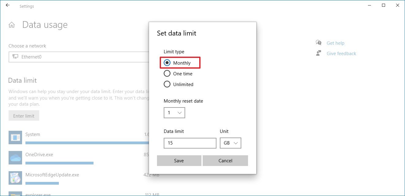 Windows 10 set data limit settings