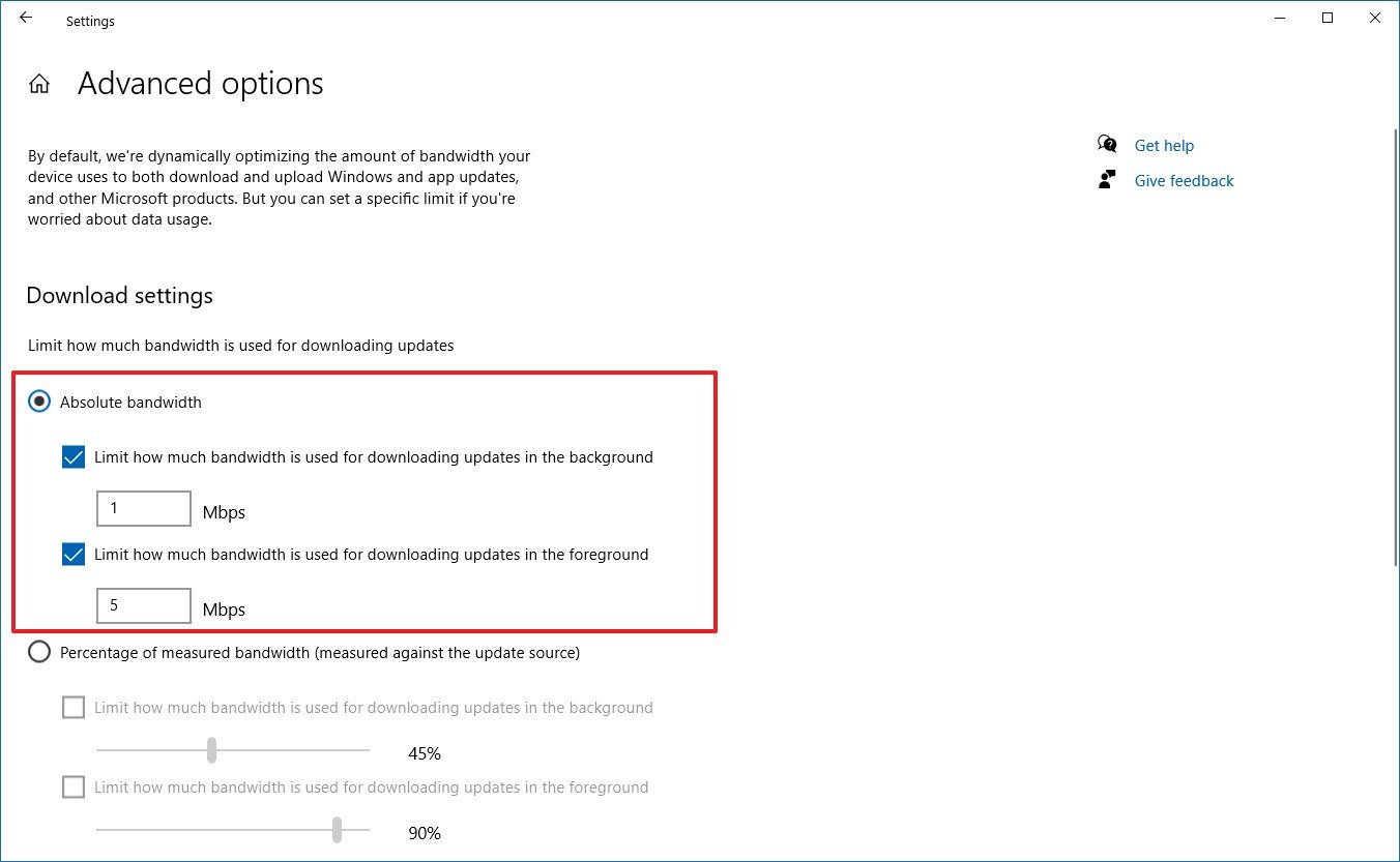 Windows 10 Delivery optimization absolute bandwidth options
