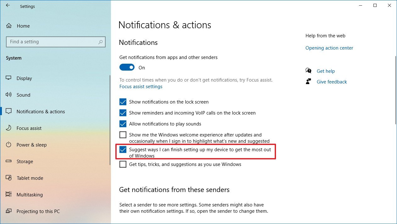 Windows 10 version 2004 notification settings