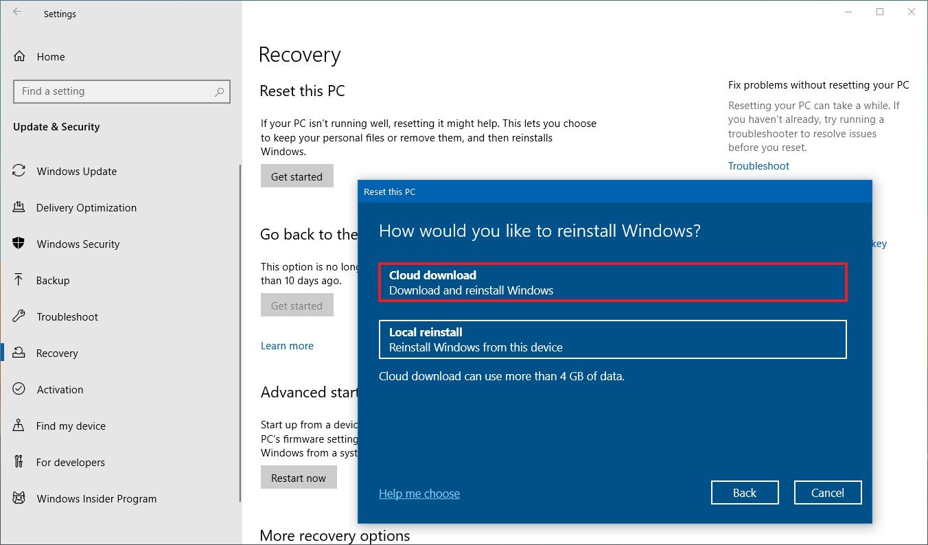 Windows 10 Reset this PC with Cloud download option