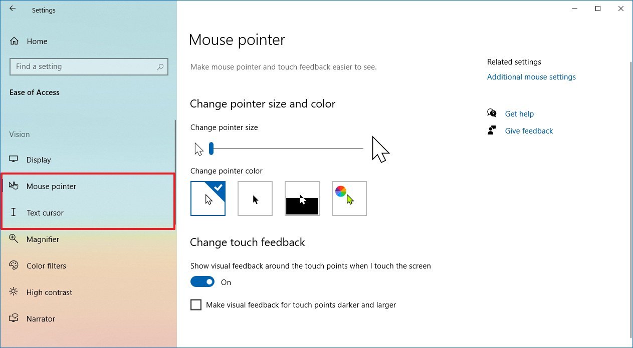 Windows 10 new Mouse pointer and Text cursor pages
