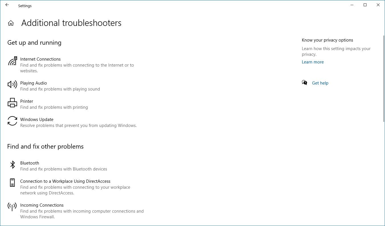 Windows 10 Additional troubleshooters page on version 2004
