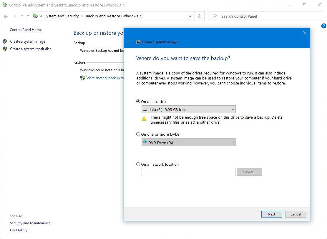 Windows 10 legacy backup option