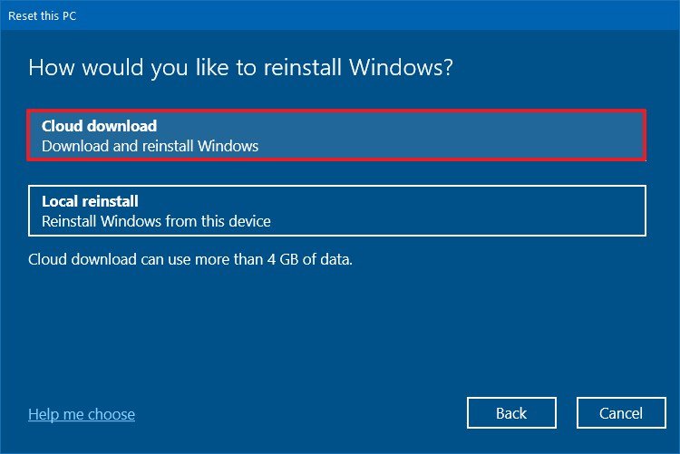 Reset this PC cloud download option