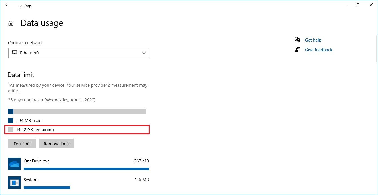 Windows 10 data usage remaining allowance