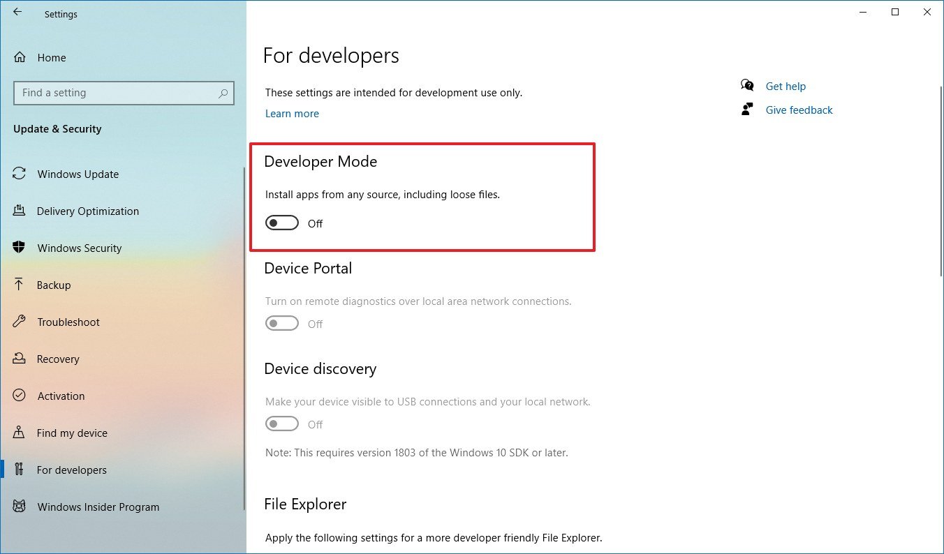 Windows 10 For developers settings on version 2004