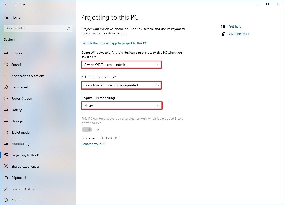 Windows 10 Project to this PC settings