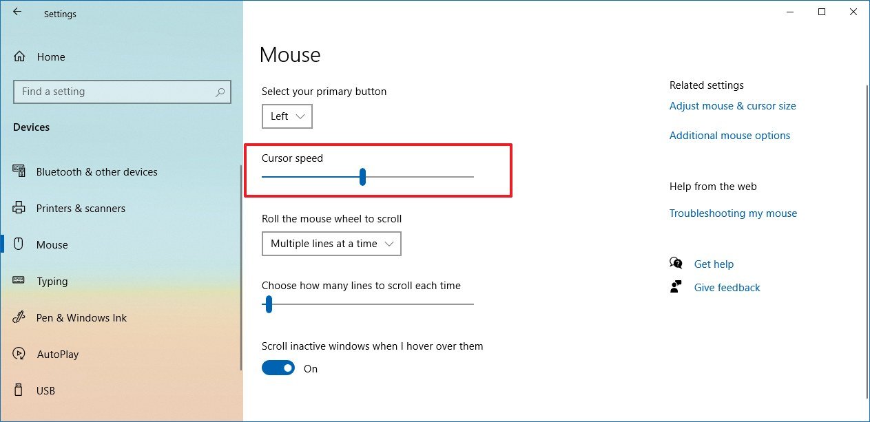 Windows 10 mouse settings on version 2004