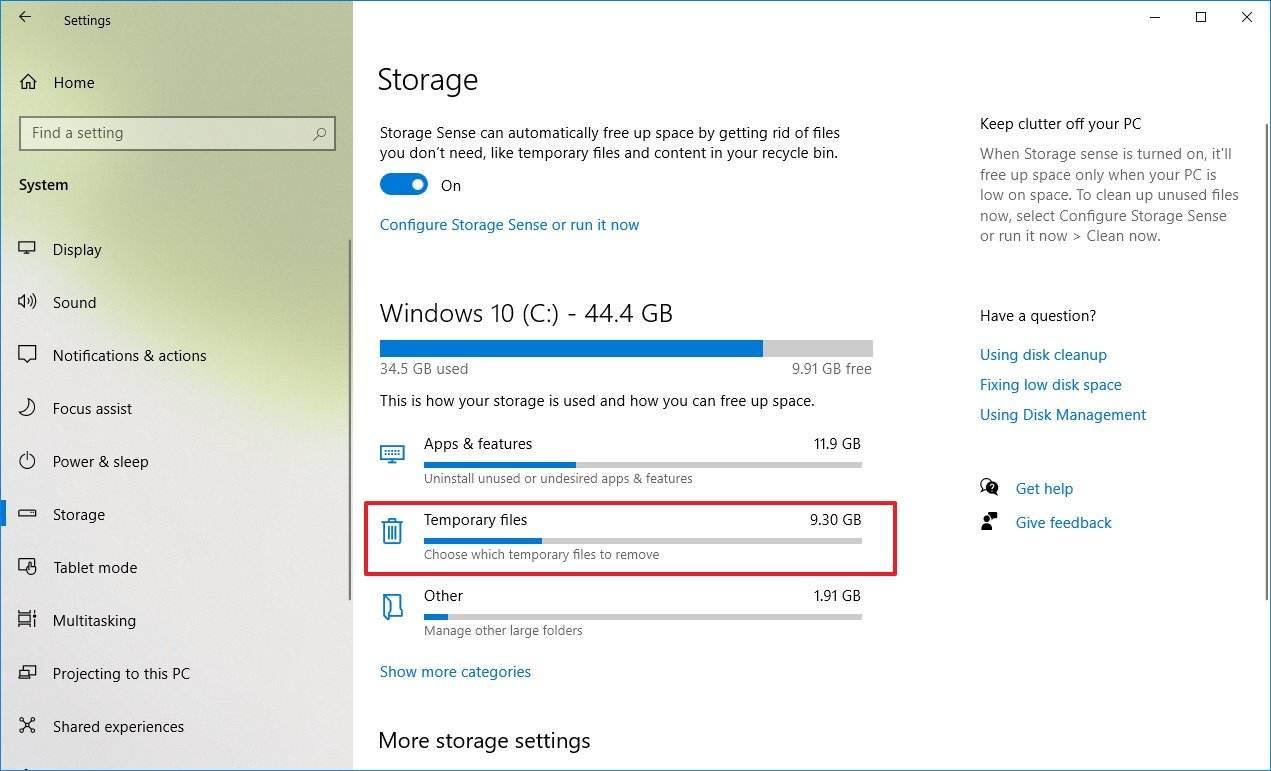 Windows 10 Storage temporary settings