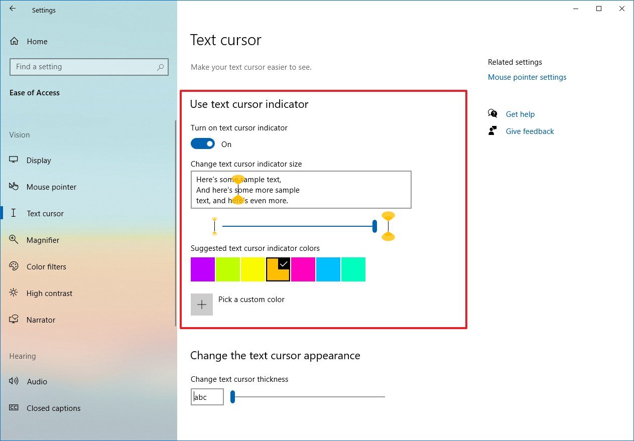 Windows 10 Text cursor settings