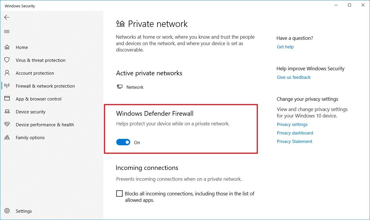 Windows Defender Firewall disable option